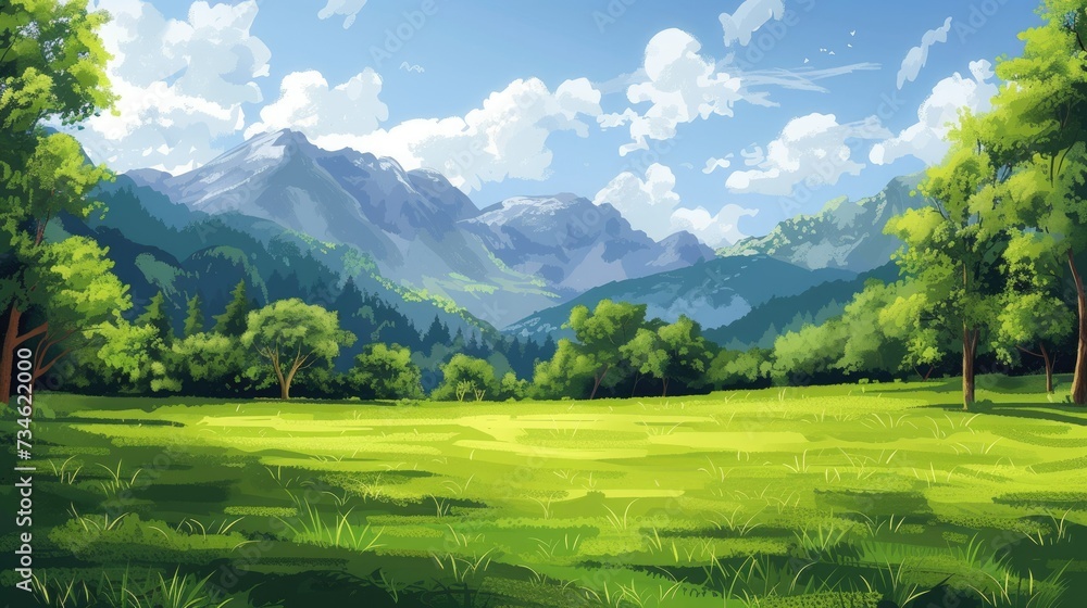 A Picturesque Landscape of a Green Field With Trees and Mountains in the Background A Picturesque Landscape of a Green Field With Trees and Mountains in the Background