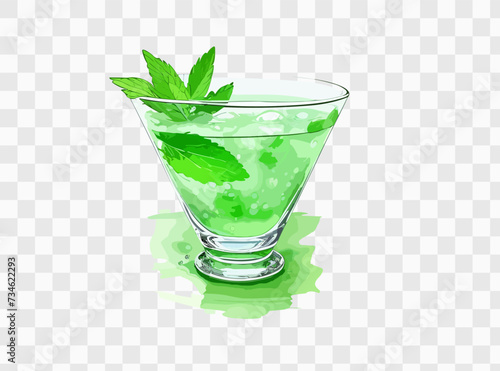 Glass of mojito bright drink with drops, ice and lime slices on the white background.