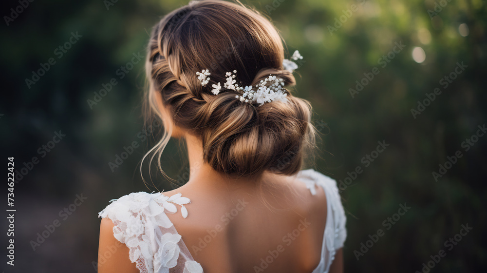 Bridal Hairstyle with Elegant Braids and White Flowers. Romantic Wedding Beauty Concept
