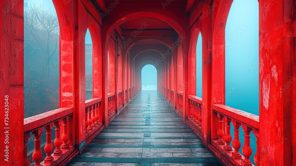 Fototapeta premium Symmetrical red beams of a modern bridge lead to the city skyline