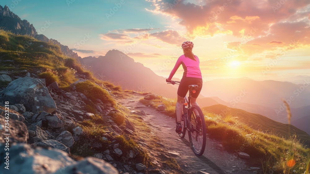 Woman riding bicycle at mountain during sunset