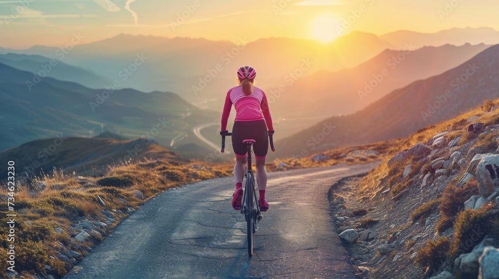 Woman riding bicycle at mountain during sunset