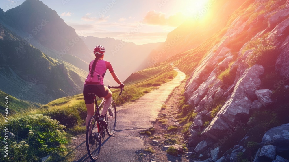 Fototapeta premium Woman riding bicycle at mountain during sunset