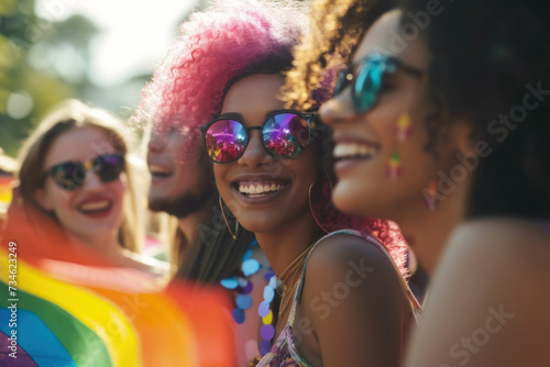 Joyful Friends Celebrating Diversity at a Festive Pride Parade