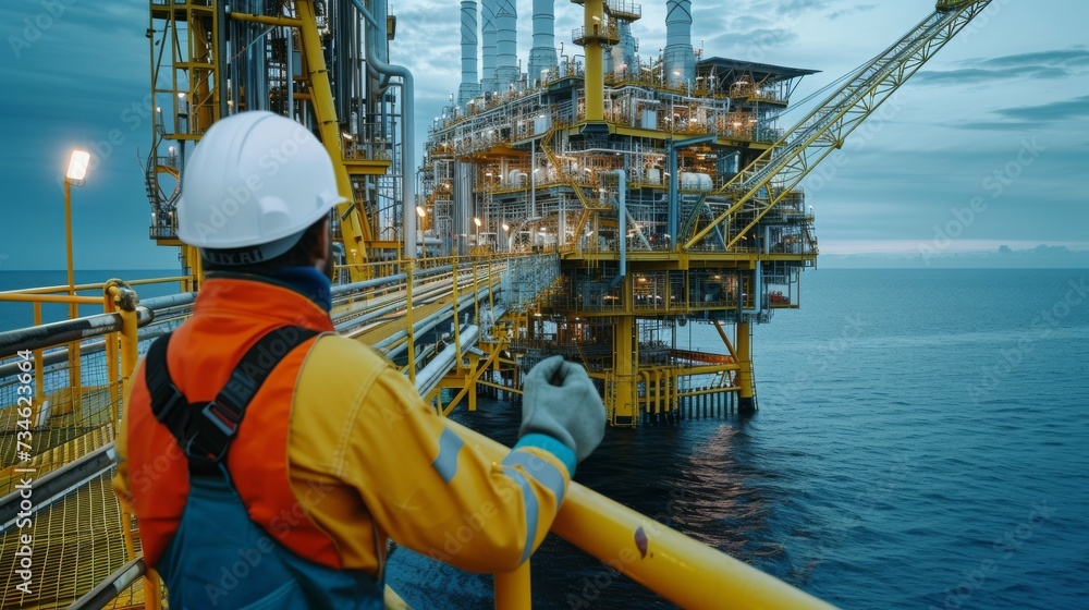 Oil Engineer on Oil Platform at Sea or Ocean Oil Engineer on Oil Platform at Sea or Ocean