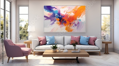 A striking, abstract artwork featuring vibrant splashes of colors against a pristine white backdrop