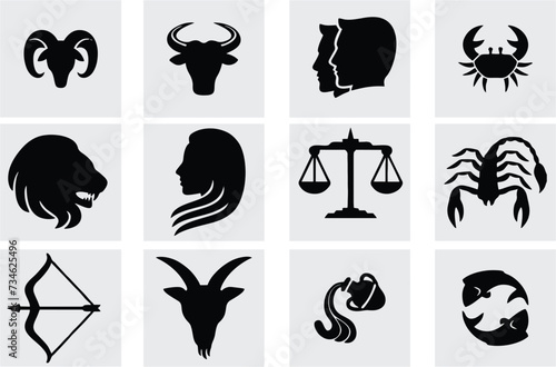 Zodiac signs set in editable vector. Horoscope or astrology symbols collection. Future telling, prophecy symbol. Poster, banner or advertisement on media and web. eps 10  photo
