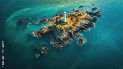 A solitary lighthouse stands on a small island amidst the vast ocean.