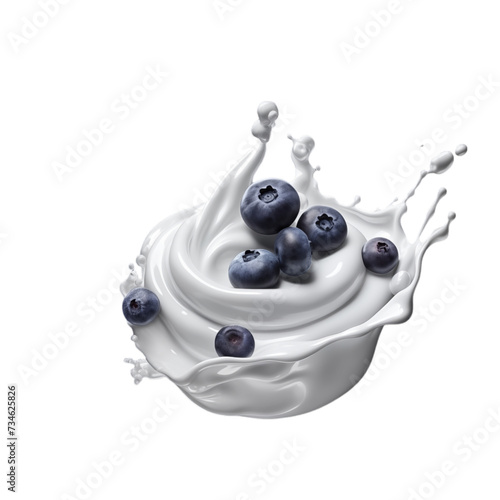 realistic fresh ripe blueberry with slices falling inside swirl fluid gestures of milk or yoghurt juice splash png isolated on a white background with clipping path. selective focus photo