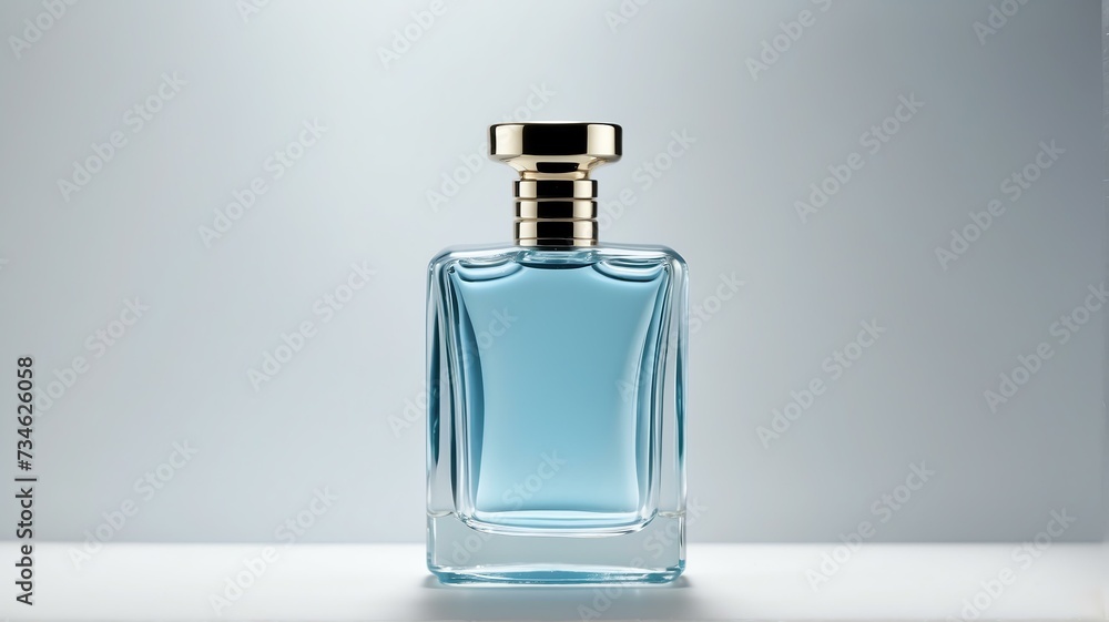 An elegant modern looking glass light blue perfume bottle on plain white background from Generative AI An elegant modern looking glass light blue perfume bottle on plain white background from Generative AI