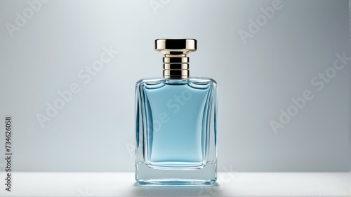 An elegant modern looking glass light blue perfume bottle on plain white background from Generative AI