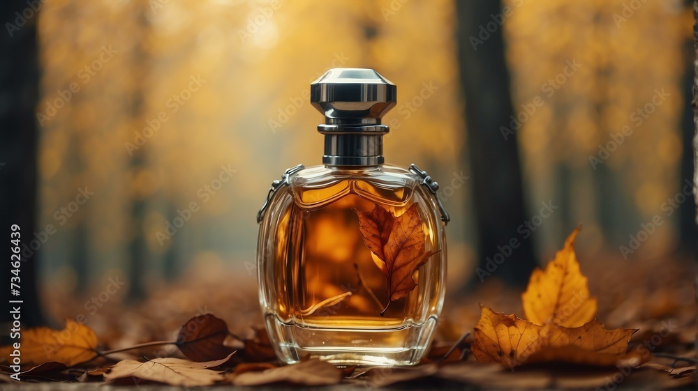 A beautiful glass for womens perfume bottle on autumn forest background from Generative AI A beautiful glass for womens perfume bottle on autumn forest background from Generative AI