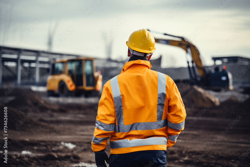 Back View of Construction Worker Overseeing Site with Heavy Machinery. Industrial Development Concept Back View of Construction Worker Overseeing Site with Heavy Machinery. Industrial Development Concept