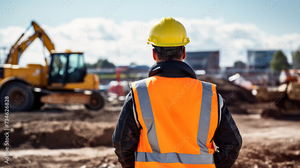 Back View of Construction Worker Overseeing Site with Heavy Machinery. Industrial Development Concept Back View of Construction Worker Overseeing Site with Heavy Machinery. Industrial Development Concept