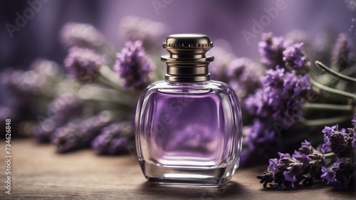 A beautiful glass for womens perfume bottle on lavender flowers background from Generative AI