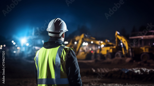 Back View of Construction Worker Overseeing Site with Heavy Machinery. Industrial Development Concept © AspctStyle