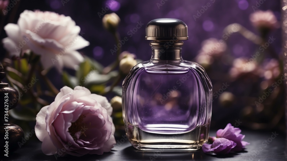 A beautiful glass for womens perfume bottle on purple flowers background from Generative AI A beautiful glass for womens perfume bottle on purple flowers background from Generative AI