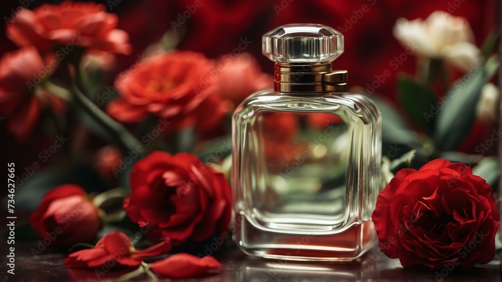A beautiful glass for womens perfume bottle on red flowers background from Generative AI A beautiful glass for womens perfume bottle on red flowers background from Generative AI