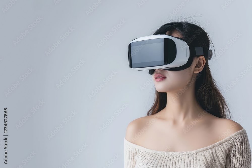 Beautiful asian woman wearing virtual reality goggles. Beautiful asian woman wearing virtual reality goggles.