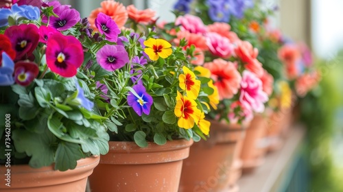 Colorful flowers growing in pots on the balcony.