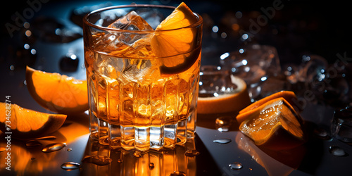 A glass of alcohol with a slice of orange dropping Refreshing cocktail with citrus fruit ice and whiskey splashing   
    photo