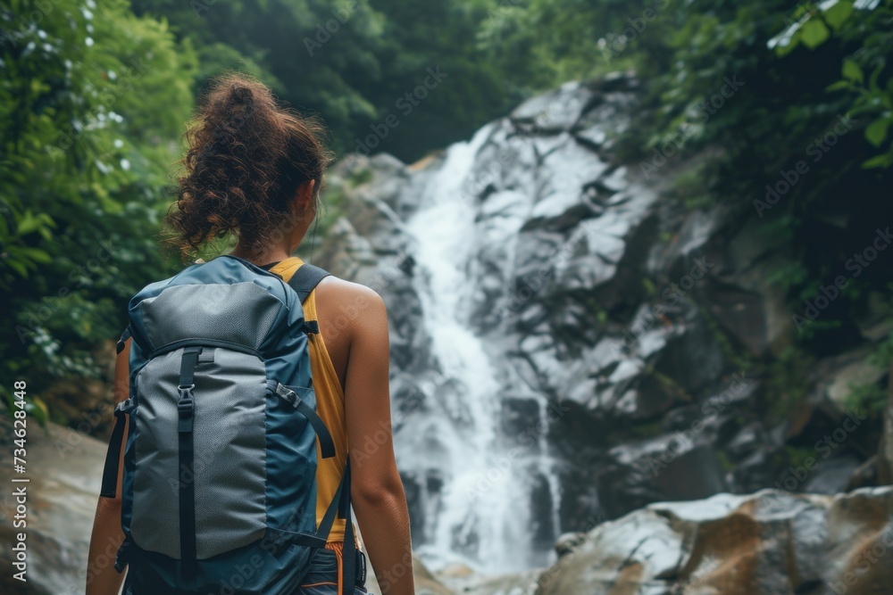 picture of a beautiful young woman in hiking clothes with a backpack on her back walking along a hiking trail near a waterfall Standing and looking at the waterfall in the forest picture of a beautiful young woman in hiking clothes with a backpack on her back walking along a hiking trail near a waterfall Standing and looking at the waterfall in the forest