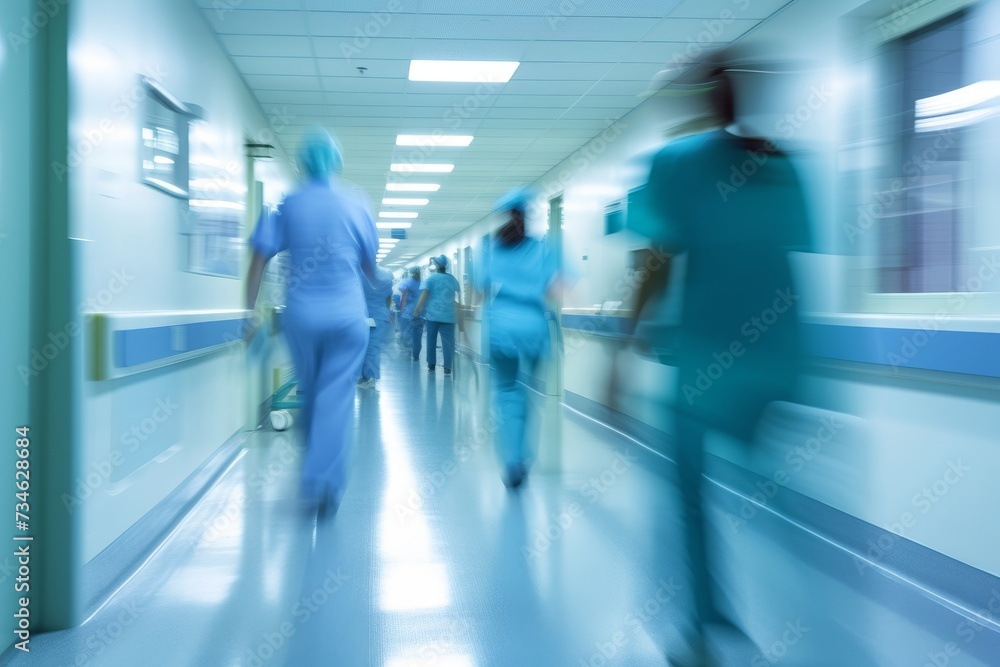 Blurred motion of medical professionals in hospital corridor