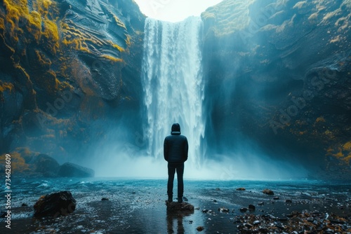 Picture of A young man in hiking clothes staggering in front of a waterfall in a forest Walking along the hiking trail near the waterfall