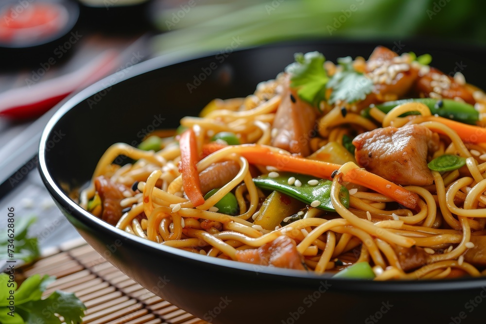 Asian style stir fried chow mein noodles with pork and vegetables in a black bowl