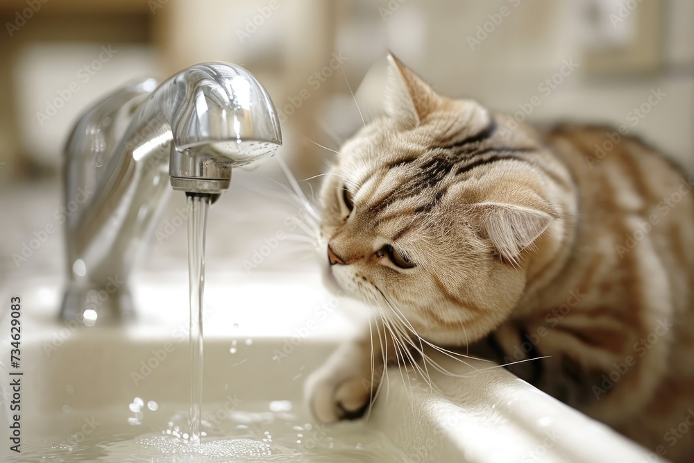 Feline hydrating itself by lapping water from a metallic faucet. Stock ...