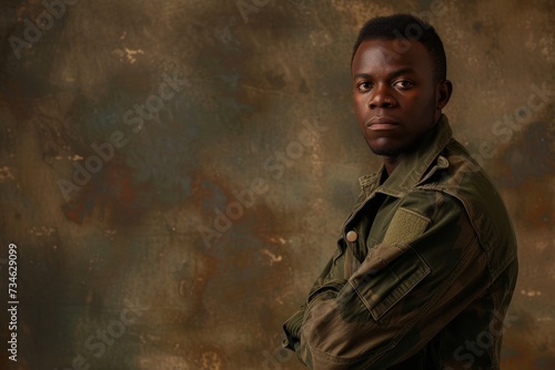 Black man in military jacket in studio portrait