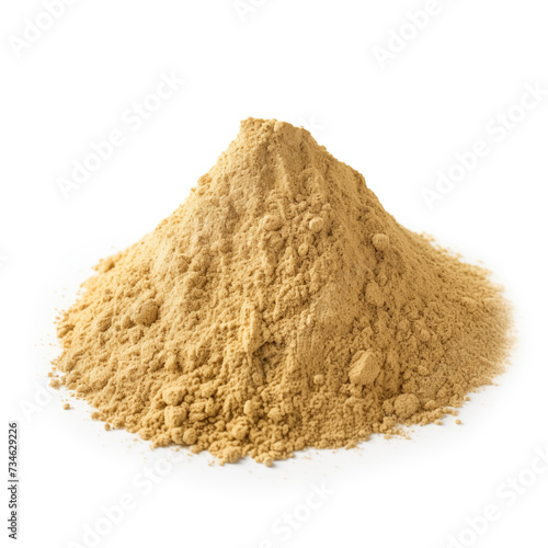 close up pile of finely dry organic fresh raw oatstraw herb powder isolated on white background. bright colored heaps of herbal, spice or seasoning recipes clipping path. selective focus
