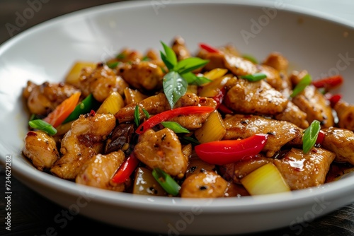 Chinese salt and pepper chicken stir fried with red and green chili onion and spring onion served in a white bowl