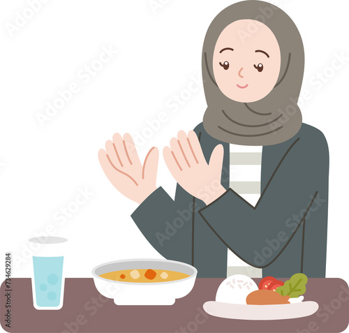 muslim cartoon character praying before a meal