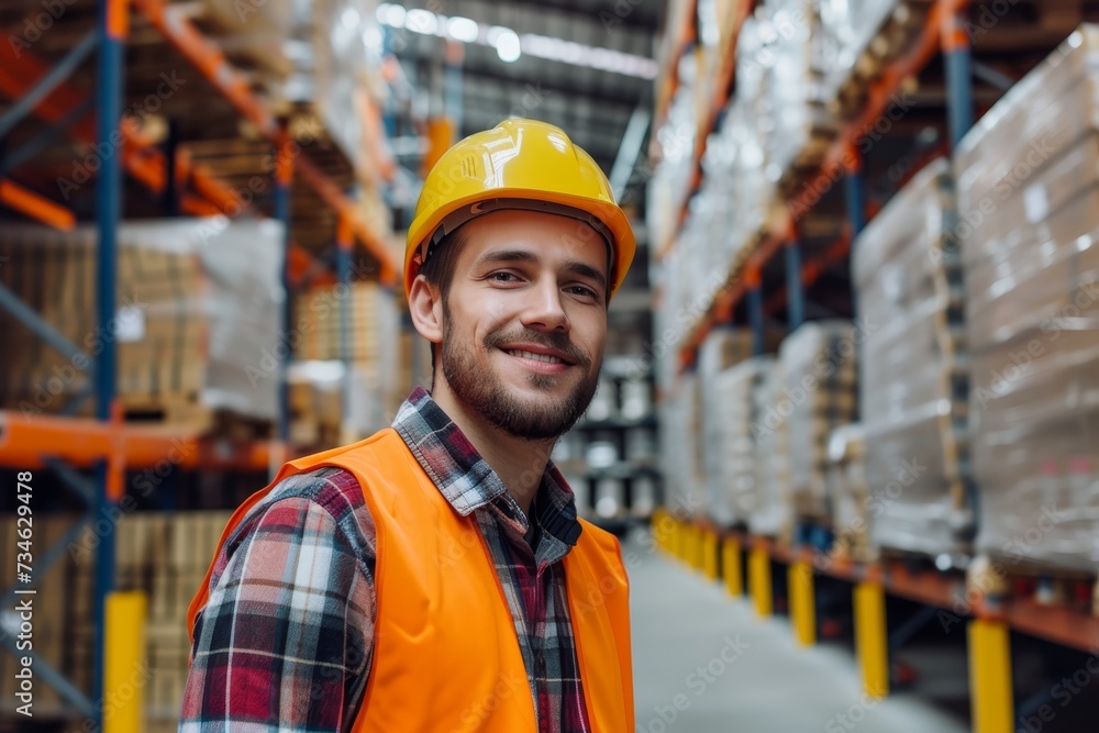 Charming professional worker in safety vest and hard hat with a pleasant smile poses in front of a warehouse full of goods Charming professional worker in safety vest and hard hat with a pleasant smile poses in front of a warehouse full of goods