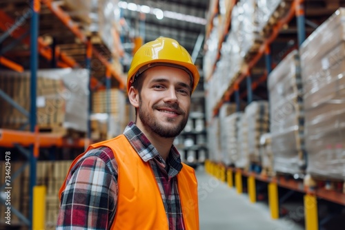 Charming professional worker in safety vest and hard hat with a pleasant smile poses in front of a warehouse full of goods