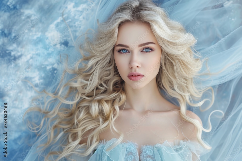 Beautiful blonde fashion girl with long shiny curly hair wearing a light blue dress and styled in wavy hair