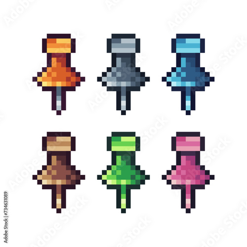 Pixel art sets icons of paper pin sign variations in color. Paper pin icon in pixelated style. 8-bit Illustration,for design asset elements, game UIs, and mobile apps,vector icon collection.