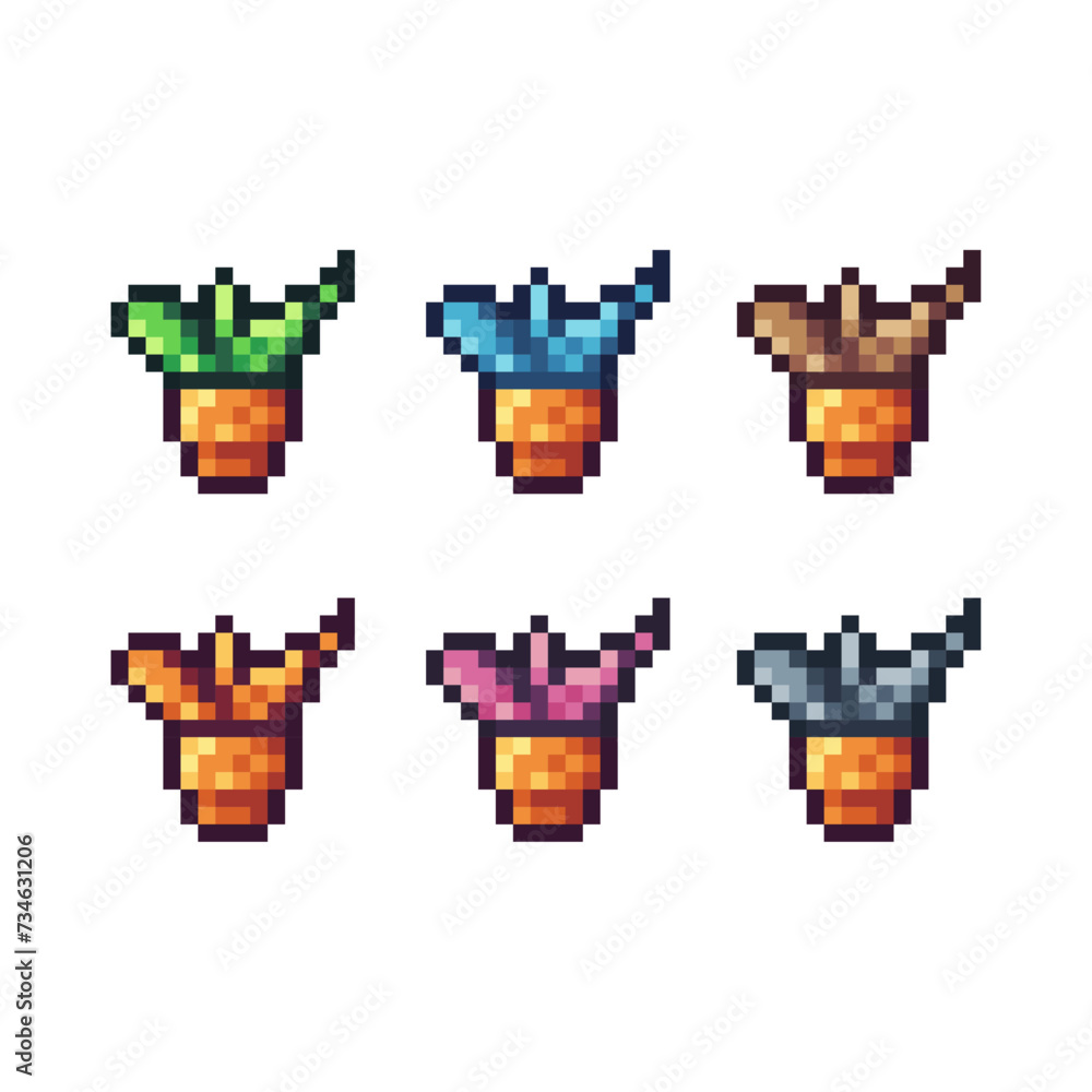 Fototapeta premium Pixel art sets icons of plant decoration variations in color. small plant icon in pixelated style. 8-bit Illustration,for design asset elements, game UIs, and mobile apps,vector icon collection.