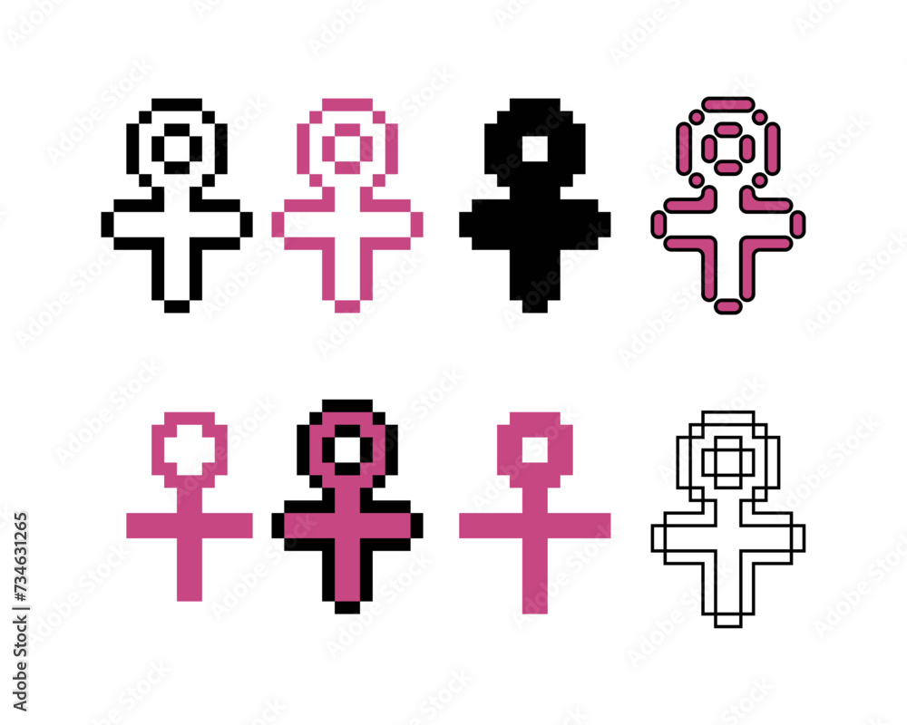 Obraz premium Pixel art outline sets icons of female sign variations in color.Female gender icon in pixelated style. 8-bit Illustration,for design asset elements, game UIs, and mobile apps,vector icon collection.