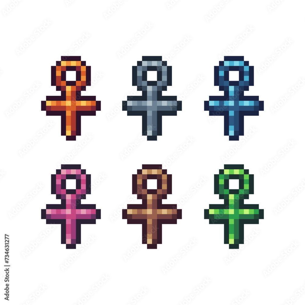 Pixel art sets icons of female sign variations in color.Female gender