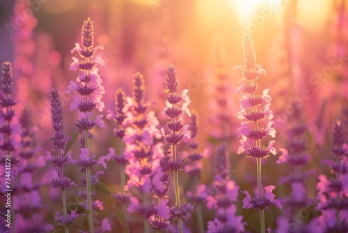 Clary sage field with blooming plants for essential oil and honey extraction offering a serene view during sunset