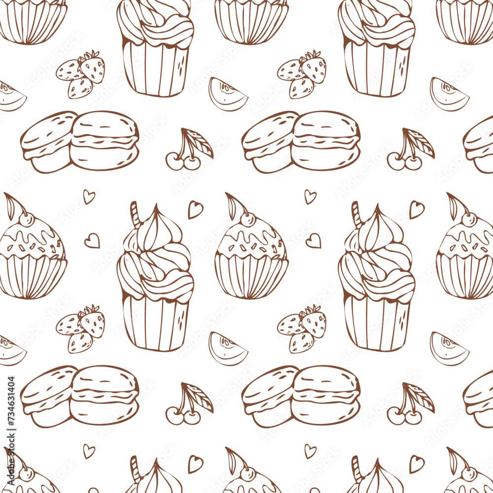 Hand drawn doodle cupcake and macaroons outline pattern