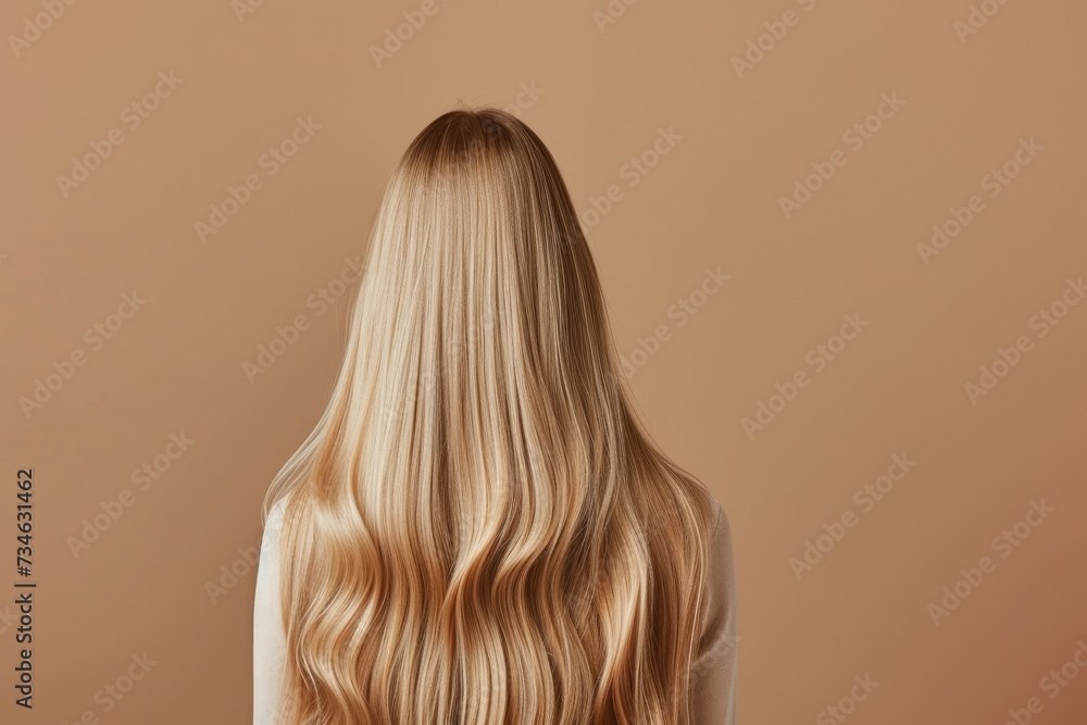 Fototapeta premium Blonde hair s back view shiny and smooth cared for and dyed isolated on a beige background