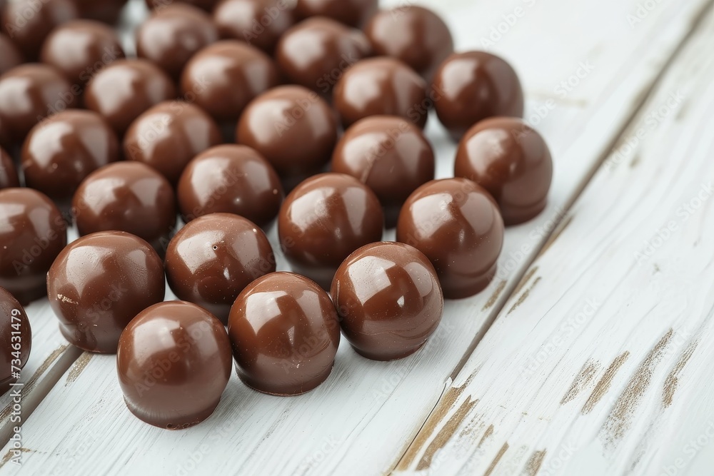 Close up of hazelnut chocolate dragees on a white wood backdrop Close up of hazelnut chocolate dragees on a white wood backdrop
