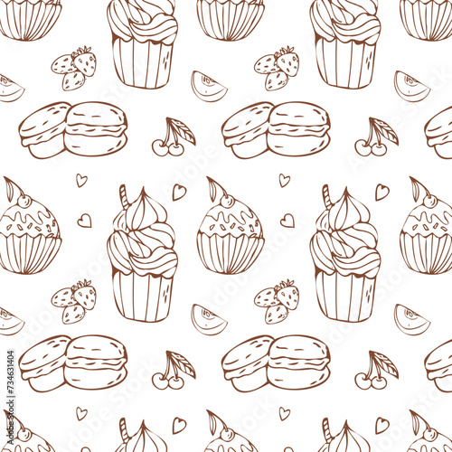 Hand drawn doodle cupcake and macaroons outline pattern