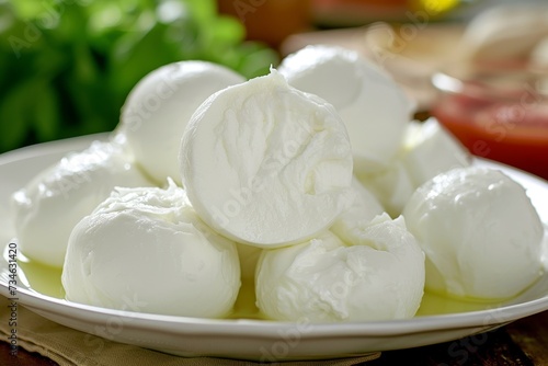 Close up of fresh Campania buffalo mozzarella soft cheese balls photo