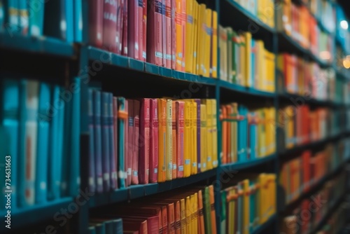 Blurred image of books on shelves with vibrant colors photo