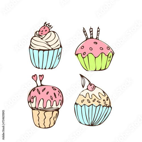 Doodle vintage cupcakes with cream - sweet food icon isolated