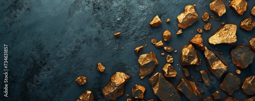 Gold nuggets on black background with copy space, concept of business, gold, mine, treasure, rich, market.